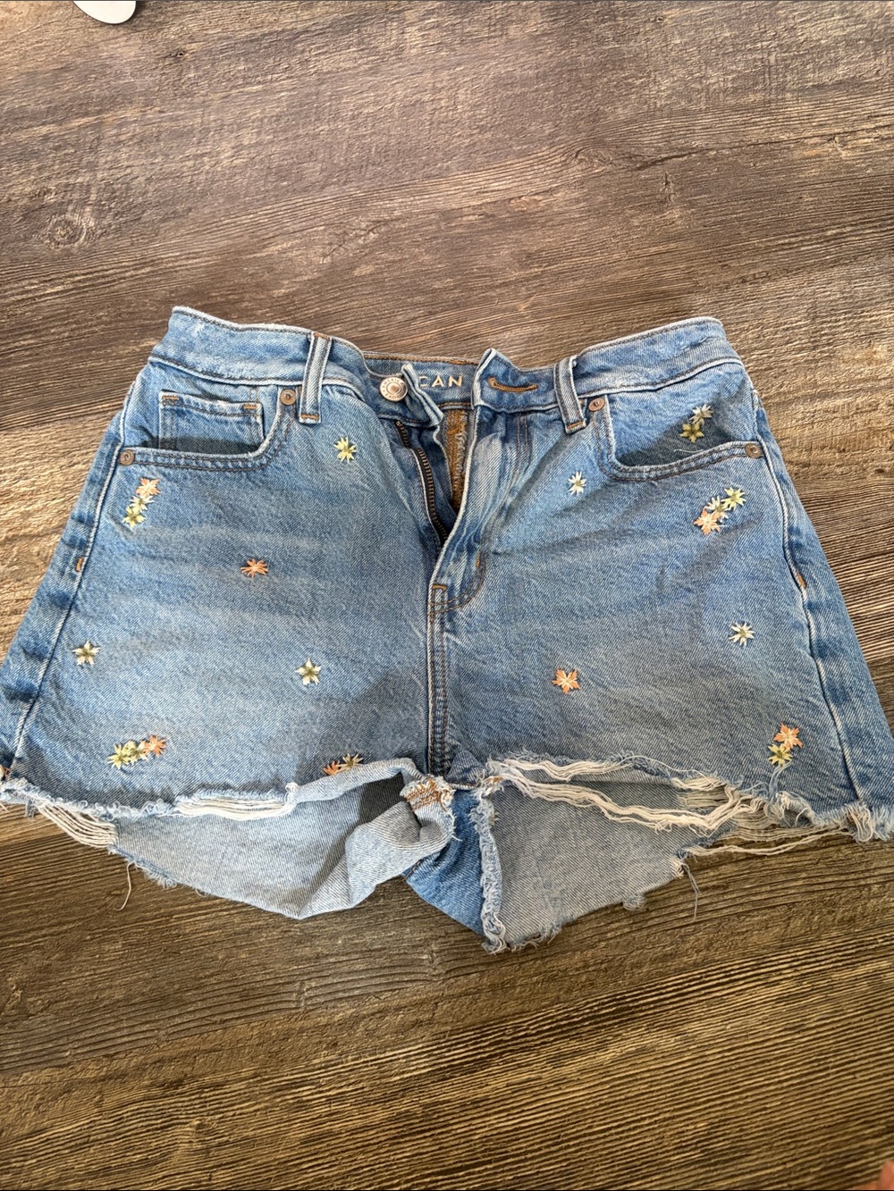American Eagle Embroided Daisy High-Rise Denim Shorts